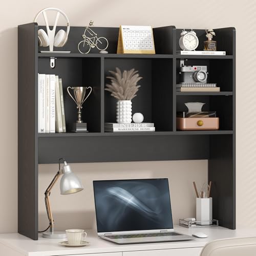 FUNHUKSON Desk Hutch with 6 Shelves, Desktop Bookshelf Organizer & Hutch Top for Desk, Over Desk Storage Shelf for Office, Home, Dorm | Space-Saving Design (Black)