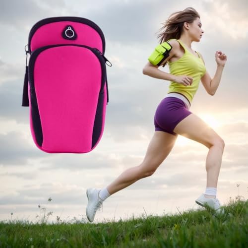 Bolsa de braço de armazenamento de camada dupla com zíper, projetada para guardar celulares, cosméticos e chaves, com orifício para fone de ouvido, rosa vermelha