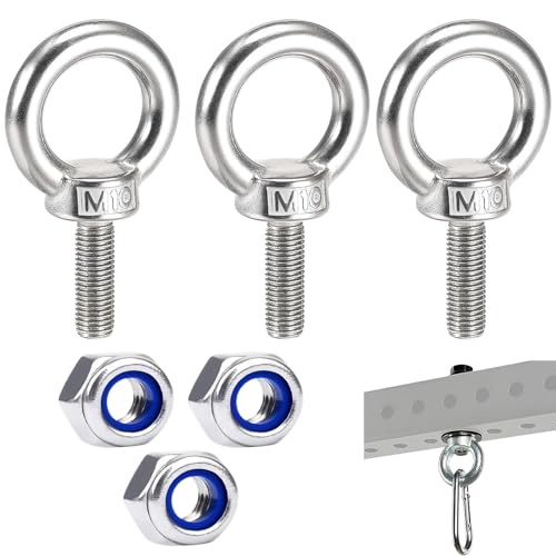 MAXMURYS Ensemble de 3 Boulons Œillets M10 en Acier Inoxydable 304, 40 mm, avec Écrous de Sécurité, pour Installation, Suspension et Montage Extérieur