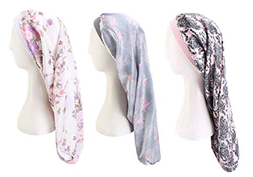 AVEBRI Long Satin Bonnet Sleeping Cap,Extra Long Double Layer Soft Elastic Band for Women Curly,Braids,Hair,Dreadlocks, Long Hair,Long size (White Flower,Pink,Gray Flamingo)