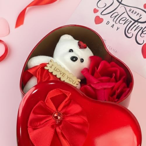 Image of Giftana Heart Shape Valentine's Day Gift Box with Teddy & 3 Artificial Roses, Reusable Keepsake Tin, Everlasting Romantic Gift, Multicolour, Heart Tin Box (Teddy and Roses)