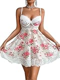 ShawGobow Floral Lace Babydoll Lingerie,Push Up Sheer Sexy Night Gowns For Women,Slip Dress Boudoir Wedding Honeymoon White & Pink Medium
