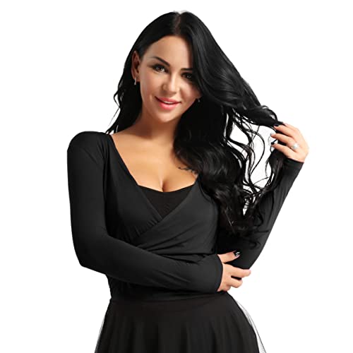 ranrann Women s Long Sleeve Latin Ballet Dance Shirt Open Front Tie Wrap Tops Shrug Blouse Black Modal Medium