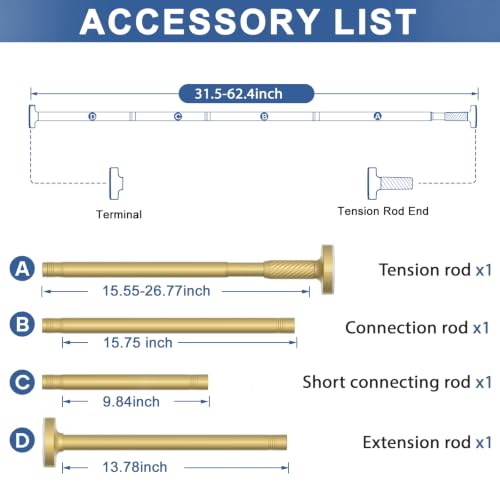 Image of Tension Curtain Rod 32-62Inch Gold Shower Rod Tension Rod Adjustable | Curtain Rods no Drilling Tension Rod for Windows,Closets,Doorway