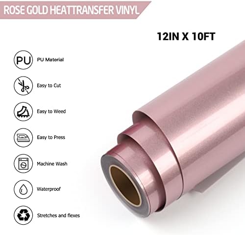 HTVRONT Heat Transfer Vinyl - 12in x10ft PU HTV Vinyl Roll Iron on Vinyl Easy to Cut & Weed for T-Shirt & Design (Rosegold)