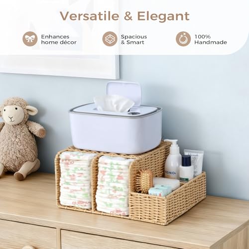 Klippehop Diaper Caddy Organizer, Hand Rattan Nursery Storage Basket for Baby Essentials, Baby Changing Table Organizer Perfect Nursery Assistant (Hollow PE Rattan - Style 2, M) by Klippehop - Image 2