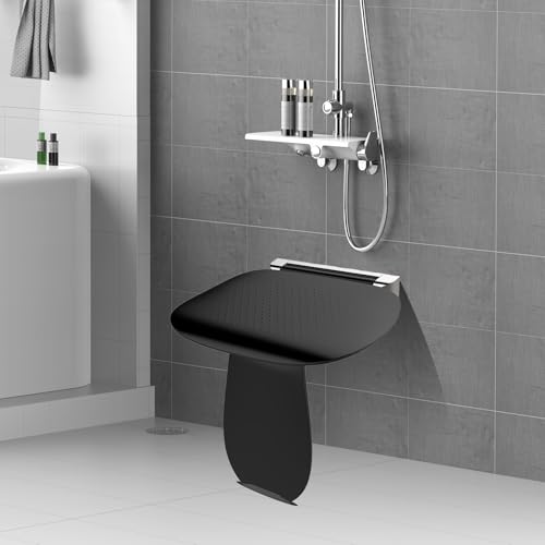 Heuffe Klappbarer Duschsitz Wandmontage mit Bein für Senioren,Schwerlast 200kg Faltbarer Duschhocker mit Anti-Rutsch Oberfläche-Schwarz