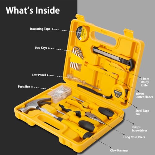 Image of Deli DL1018J 18 Piece Household Tool Kit with Test Pen Electrical Tape Long Nose Plier Tape Measure Screwdriver Utility Knives Claw Hammer and Storage Box for DIY Home Repair (Pack of 1, Yellow)