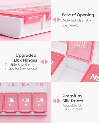 AMOOS Weekly Pill Organizer 2 Times a Day, Stylish Pill Box 7 Day AM PM with Large Compartments, Pill Case Easy to Use, BPA-Free Pill Container for Vitamins, Fish Oils, Supplements, Medicines, Pink - Thumbnail 6