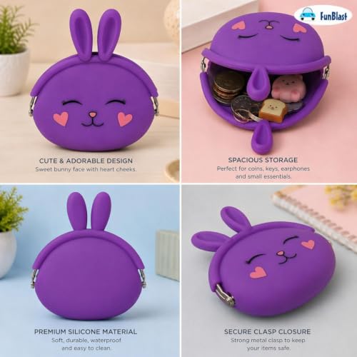 Image of FunBlast Cute Bunny Shape Silicone Coin Purse for Kids & Adults - Mini Pouch for Coins, Earphones, Keys & Small Essentials, Aesthetic Pouches for Girls & Women - 12 X 9.5 X 3 Cm (Bunny-Purple)