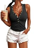 DISEÑO: Camiseta sin mangas mujer, escote en pico profundo, fila de botones delicados, camiseta de tirantes de color liso, corte entallado, camiseta sexy de verano, camiseta de tirantes de gimnasia para mujer, camiseta ajustada de canalé