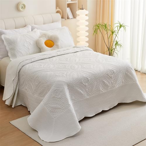 Cmfshape King Bedspread 106"x96",3 Piece King Quilt with 2 Shams,Lightweight White Quilt Set for All Season,Modern Coin Pattern Bedding Set