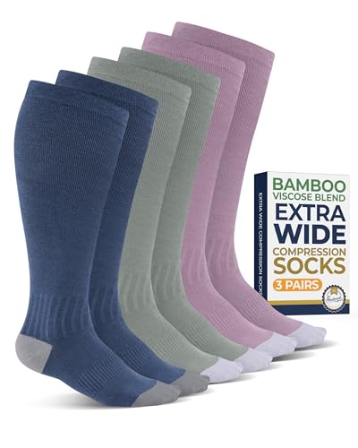 Pembrook 3 Pairs Plus Size Compression Socks Wide Calf - Bamboo Viscose Plus Size Knee High Socks, Light Green, Light Blue, Rose/Rse-3XL