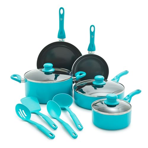 Image of GreenLife Essentials 12 Piece Cookware Set, PFAS-Free Ceramic Nonstick Pots & Pans, Induction Ready for All Cooktops, Kitchen Cooking & Serving Utensils, Dishwasher Safe, Caribbean Blue