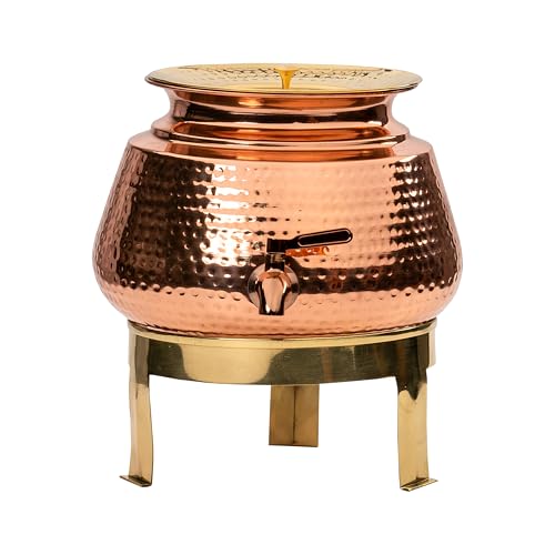 Image of Artarium Hammered Pure Classic Copper Water Dispenser with Stand & Tap (5 litres), Copper Water Storage for Kitchen & Dining
