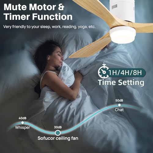 Sofucor 52 Inch Natural Wood & White Smart Ceiling Fans with Light Flush Mount Low Profile Modern Outdoor Solid Wood Ceiling Fan with Alexa/Google/APP/Remote Control for Bedroom/Farmhouse/Patio/Indoor thumbnail 2