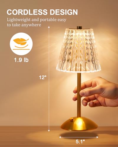 Cordless Touch Table Lamp, 3500mAh LED Rechargeable Small Dask Lamp, 3 Colors Dimmable Battery Operated Crysta Lamp for Bedroom Restaurant Kitchen Home Decor, Gold - Image 4