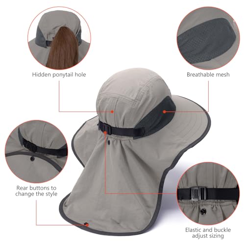Image of BASSDASH UPF 50+ Unisex Water Resistant Wide Brim Sun Hat with Large Neck Flap Ponytail Fishing Hat for Men Women