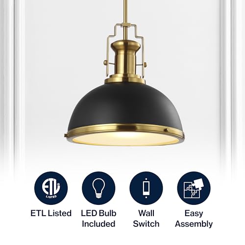 Image of JONATHAN Y Homer Industrial Dome Pendant 13 inch, Black /Brass Gold