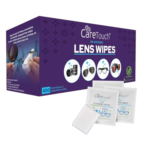 Care Touch Lens Wipes for Eyeglasses- 400 Count Individually Wrapped Pre- Moistened Wipes, 5 x 6 Inch- Camera Lens, Sunglasses and Glasses Cleaner,- Gentle and Portable for Cleaning of Optical Devices