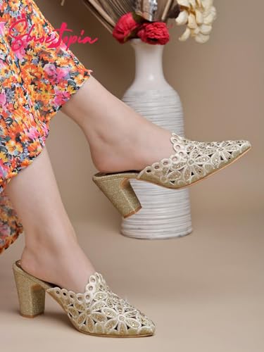 Image of Shoetopia Women's & Girl's Party Ethnic Block Heels Mules Sandals Design, Comfortable Casual & Party Footwear