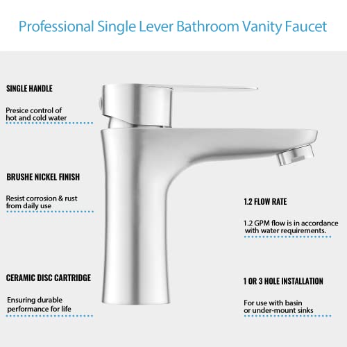 Single Handle Bathroom Faucet, Brushed Nickel Stainless Steel Bathroom Sink Faucet, Commercial Bathroom Faucets,1 Hole Deck Mount Rv Mixer Tap Lavatory Vanity Sink Faucet With Supply Lines Kmbf008L-1 #TOP6