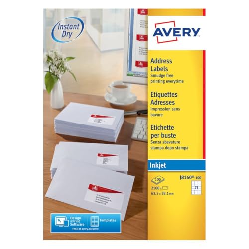 Avery Smudge Free, Printable, Address Labels, Quickdry, 63.5 x 38.1 mm, White, 21 Labels per Sheet, 2100 Blank Labels per Pack (J8160-100)