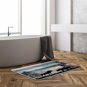 Rustic Bear 3 Piece Bathroom Rug SetsWildlife Bear Deer Pine Tree Forest Cabin Camping Vintage Wooden Board Retro Country Blue Black 16x24Bath MatToilet Seat Cover U Shaped Toilet