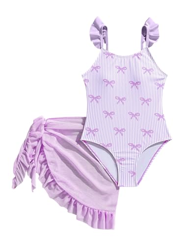 Image of GORGLITTER Girl's Ruffle One Piece Swimsuits Bow Striped High Cut Bathing Suit with Cover Up Skirts Swim Wear Suits