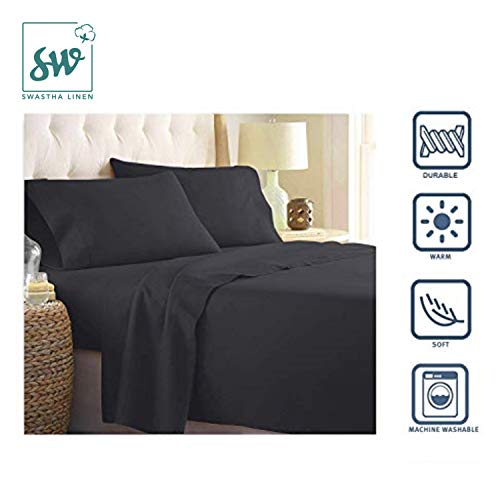 Sw Swastha Linen 300 Thread Count 100% Cotton Percale Weave Bed Sheets + 2 Pillowcases, Fits Mattress 17'' Deep Pocket, Luxury Breathable 4 Piece Bedding Set,(Queen ,Dark Grey) #TOP4