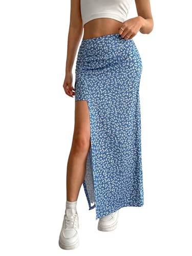 EARKOHA 2025 Skirts for Women Women's Ditsy Floral Full-Print Slit Skirt, Casual Holiday Wear Blue XS
