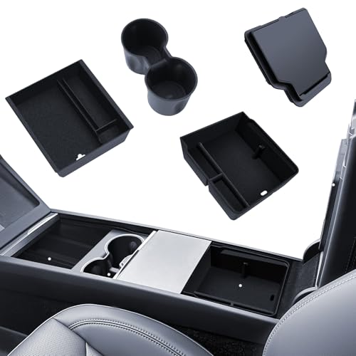 LANTU 4 acessórios para Tesla Model Y 2025 Juniper organizador de consola central, caixa de armazenamento para apoios de braços, caixa oculta e suporte para bebidas (flocado)