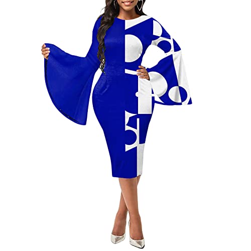 Women Bodycon Pencil Midi Dress Patchwork Long Flared Sleeve Business Work Dress Elegant Stitching Office Party Sheath Dress (Blue, Xx-Large) #TOP28