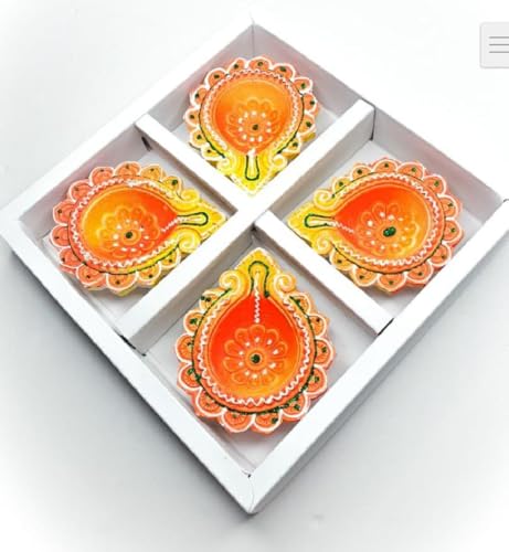 Image of Frizka Diwali Mumbai Famous Koliwada Decorative Assorted Diya Design Set of 4 Handmade Decorative Diyas Premium Design Box Packing 3.5 inch