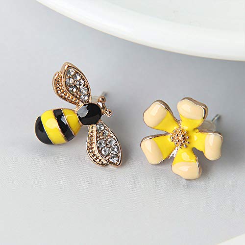 Leadigol 1Pair Asymmetrical Bee Flower Stud Earring,Lovely Enamel Flower Stud Earring Honey Bee Stud for Women3