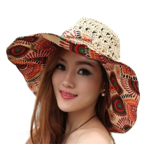 Chapeau de paille pliable femme avec grand bord anti-UV et ruban