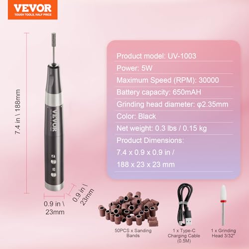 Image of VEVOR Electric Cordless Nail Drill, 30,000RPM Variable-Speed Rechargeable Nail E File Machine, Nail Surface Smooth, Portable Manicure Pedicure Polisher with 50PCS Sanding Bands for Dead Skin Removal