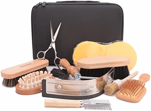 Horse Grooming Kit （10-Piece） with Tote，Horse Cleaning Tool Set with Assorted Hair and Curry Comb, Hoof Pick Sweat Scraper，Grooming Scissors，Portable Black Storage Bag，Riding Equipment for Beginners