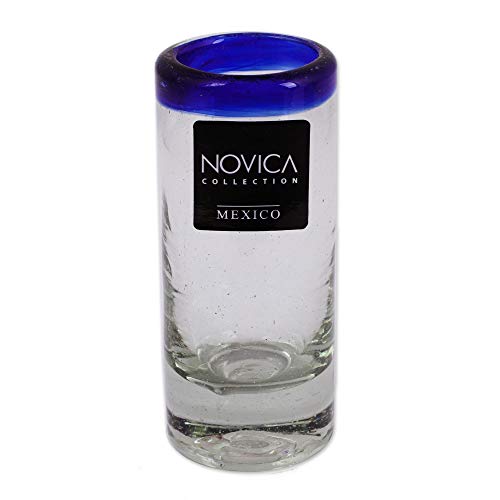 Novica Artisan Crafted Hand Blown Clear Blue Rim Recycled Glass Shot Glasses, 2 Oz. 'Tequila Blues' (Set Of 6) #TOP6