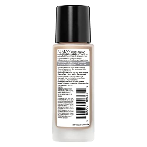 Almay Skin Perfecting Comfort Matte Foundation, Hypoallergenic, Cruelty Free, -Fragrance Free, Dermatologist Tested Liquid Makeup, Cool Ivory, 1 Fluid Ounce #TOP1