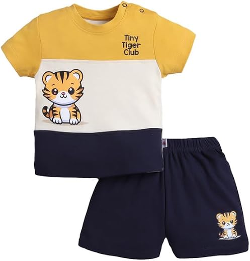 BUMZEE Boys Navy & Mustard Cotton Half Sleeves Cut & Sew Round Neck T-Shirt & Short Set - 6-12 Months (Peb11162C-nbl)