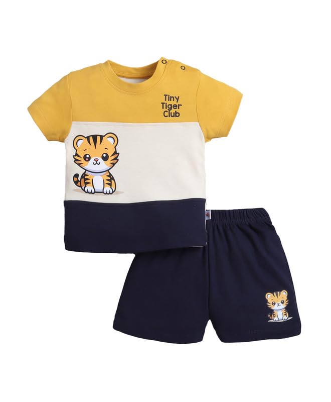 BUMZEE Boys Navy & Mustard Cotton Half Sleeves Cut & Sew Round Neck T-Shirt & Short Set - 6-12 Months (Peb11162C-nbl) - Review, Price and Buying Guide