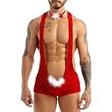 ranrann Herren Weihnachtsmann Dessous Set Sexy Cosplay Kostüm Unterwäsche Männer Bodysuit Body Boxer Briefs Overall Fliege mit Feder Deko Rot M