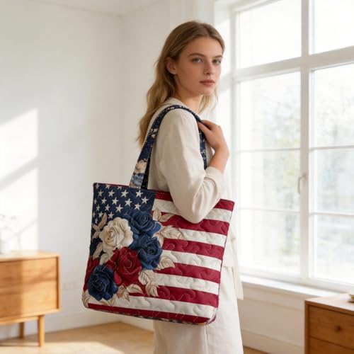 Bolso tote estampado bandera americana floral para mujer miniatura 2