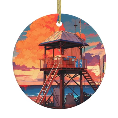 DDCXZPP Small Pavilion on The Beach Printed Christmas Ceramic Round Pendant - 2.9in Equipped with a Durable Gold Wire Rope for Easy Hanging on Christmas Trees