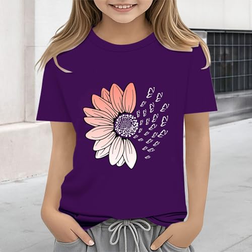 Girls Loose Fit Sunflower Graphic T Shirts Short Sleeve Crewneck Cute Pattern Printed Tops Kids (B-Purple, 6-7 Years)4