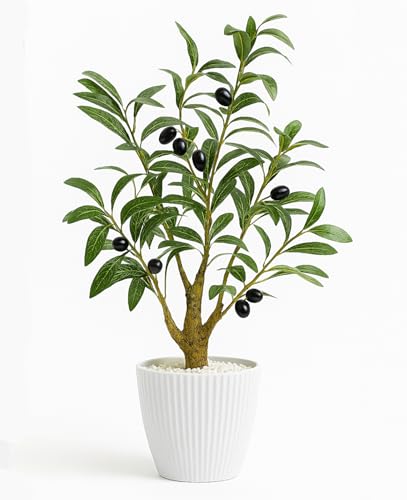 AceList Faux Olive Tree, 16.9 Inches Small Fake Olive Trees with White Pot, Realistic Fake Tree Potted Plant and Lifelike Fruits for Home Room Modern Farmhouse Decor