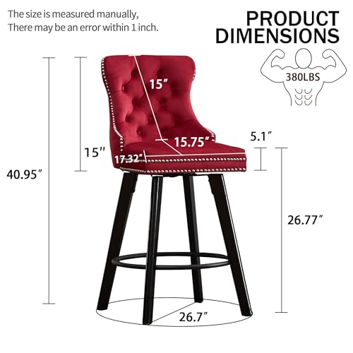 Image of YITAI Modern Swivel Set of 4 Velvet Barstools with Large Backrest and Sturdy Metal Footrest,Button Tufted Rivet Trim Dining Room Chairs with Metal Pull Ring for Kitchen Island,Home Bar,Bistro, Red