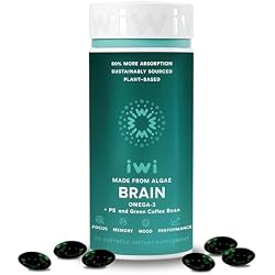 Iwi Life Brain Omega-3, 60 Softgels (30 Servings), Vegan Plant-Based Algae Omega-3 with EPA + DHA, Focus, Memory and Mood Support Dietary Supplement, Krill & Fish Oil Alternative, No Fishy Aftertaste