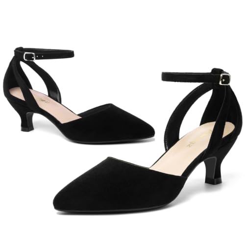 Image of RIBONGZ Comfortable Kitten Heels for Women Pointed Closed Toe Ankle Strap Buckle Heels Slip on Low Heel Church Pumps Wedding Bridal Party Dressy Shoes